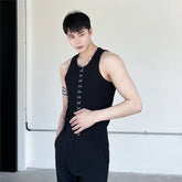 Hearujoy New Summer Korea Fashion Men's Vest Personalized Metal Button Decorative Slim Top Solid Color Round Neck Simple Male Tops